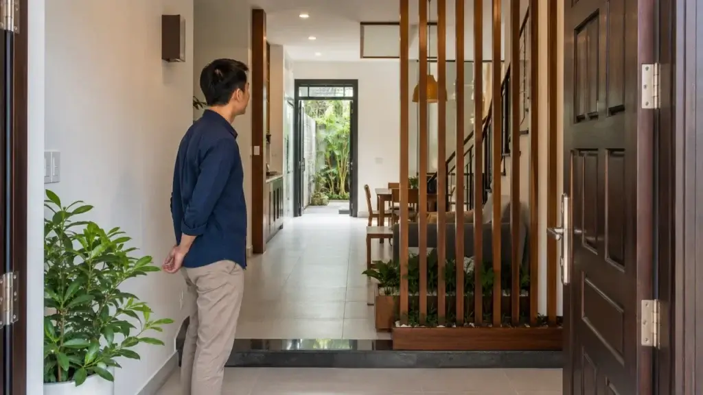 Người mua kiểm tra cửa chính đối diện cửa sau trong một căn nhà