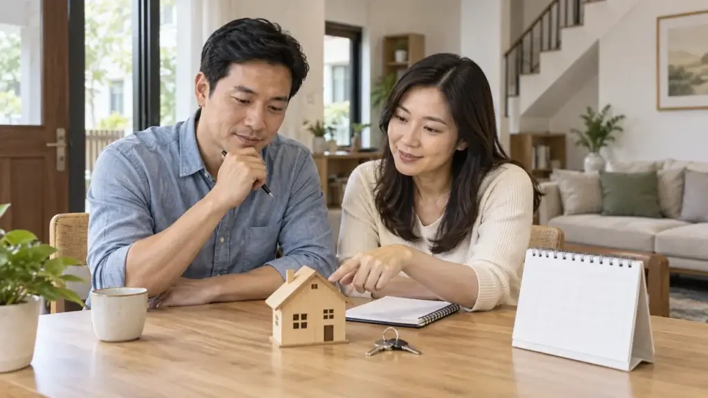 Vợ chồng bàn kế hoạch mua nhà bên mô hình nhà, chìa khóa và lịch để bàn