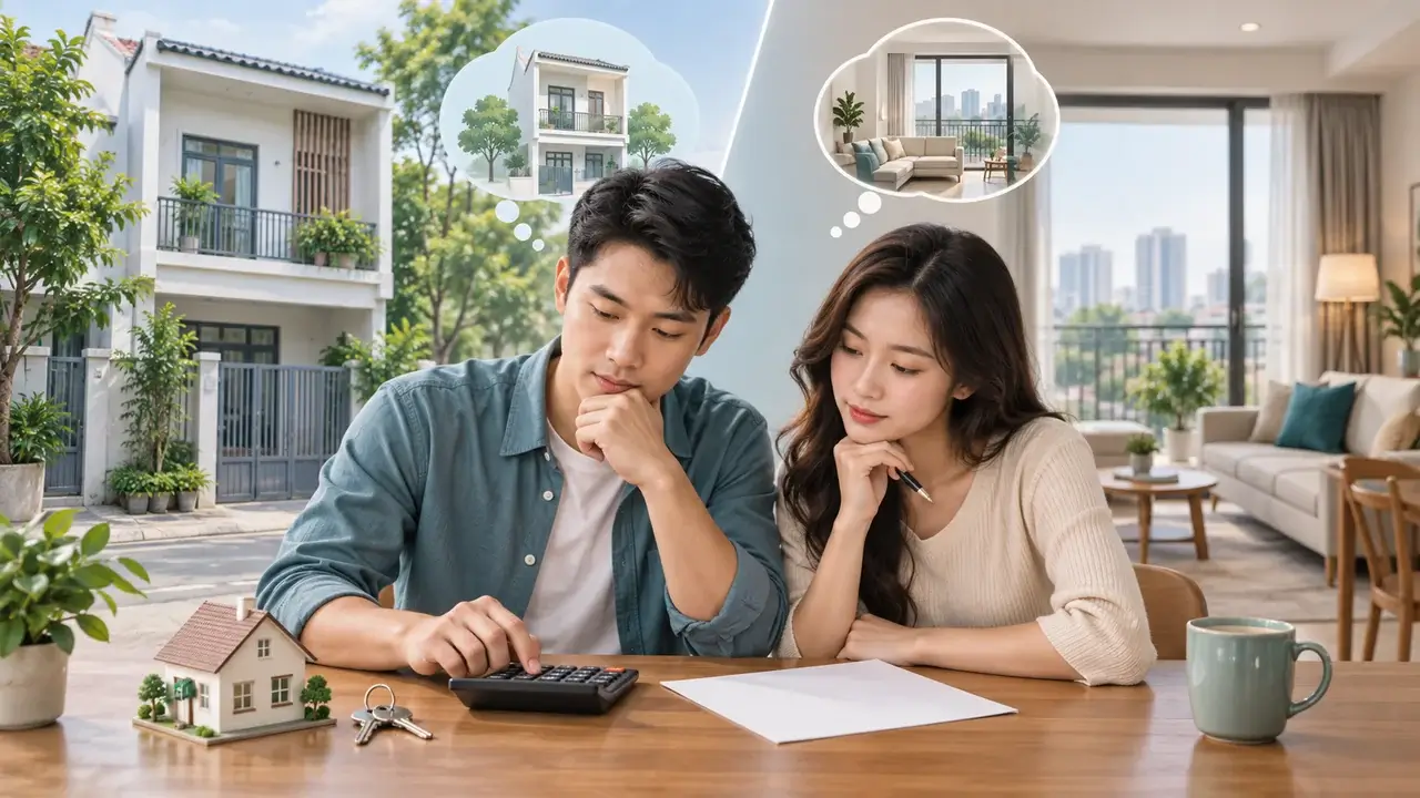 Minh họa cặp đôi so sánh ngân sách mua nhà và thuê nhà bằng máy tính, mô hình nhà và chìa khóa