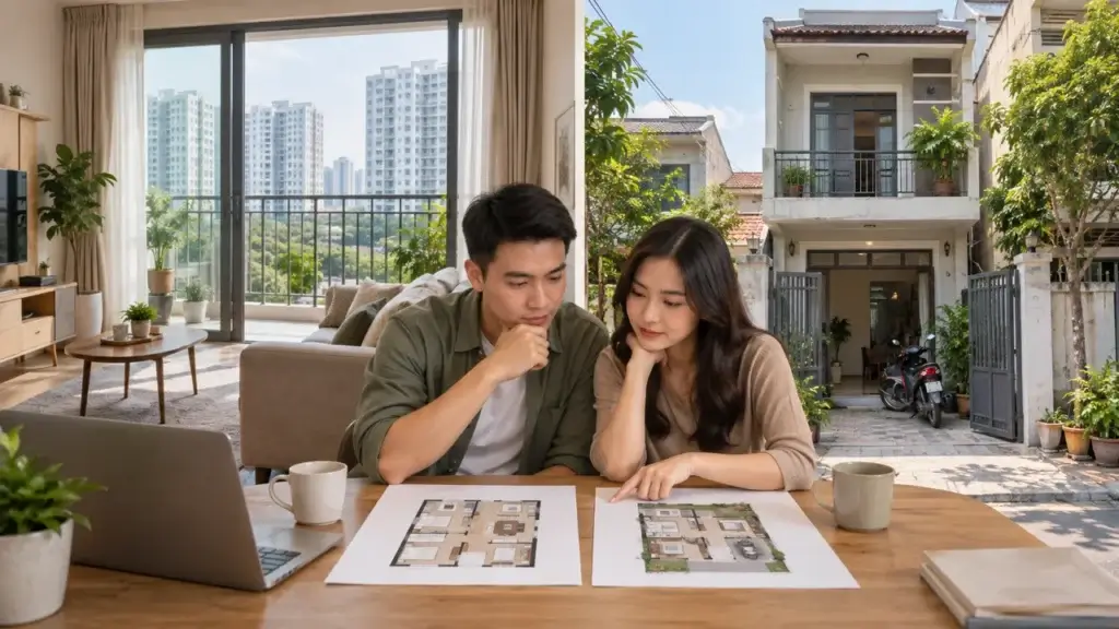 Ảnh minh họa cặp đôi so sánh căn hộ chung cư và nhà đất để ở
