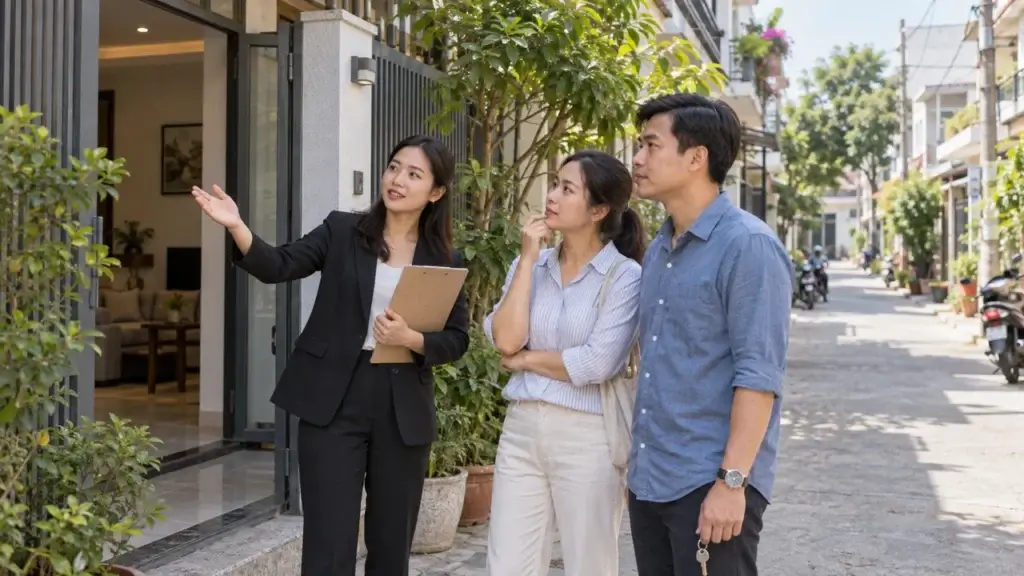 Ảnh minh họa người mua cùng người tư vấn khảo sát nhà và đường tiếp cận trong khu dân cư
